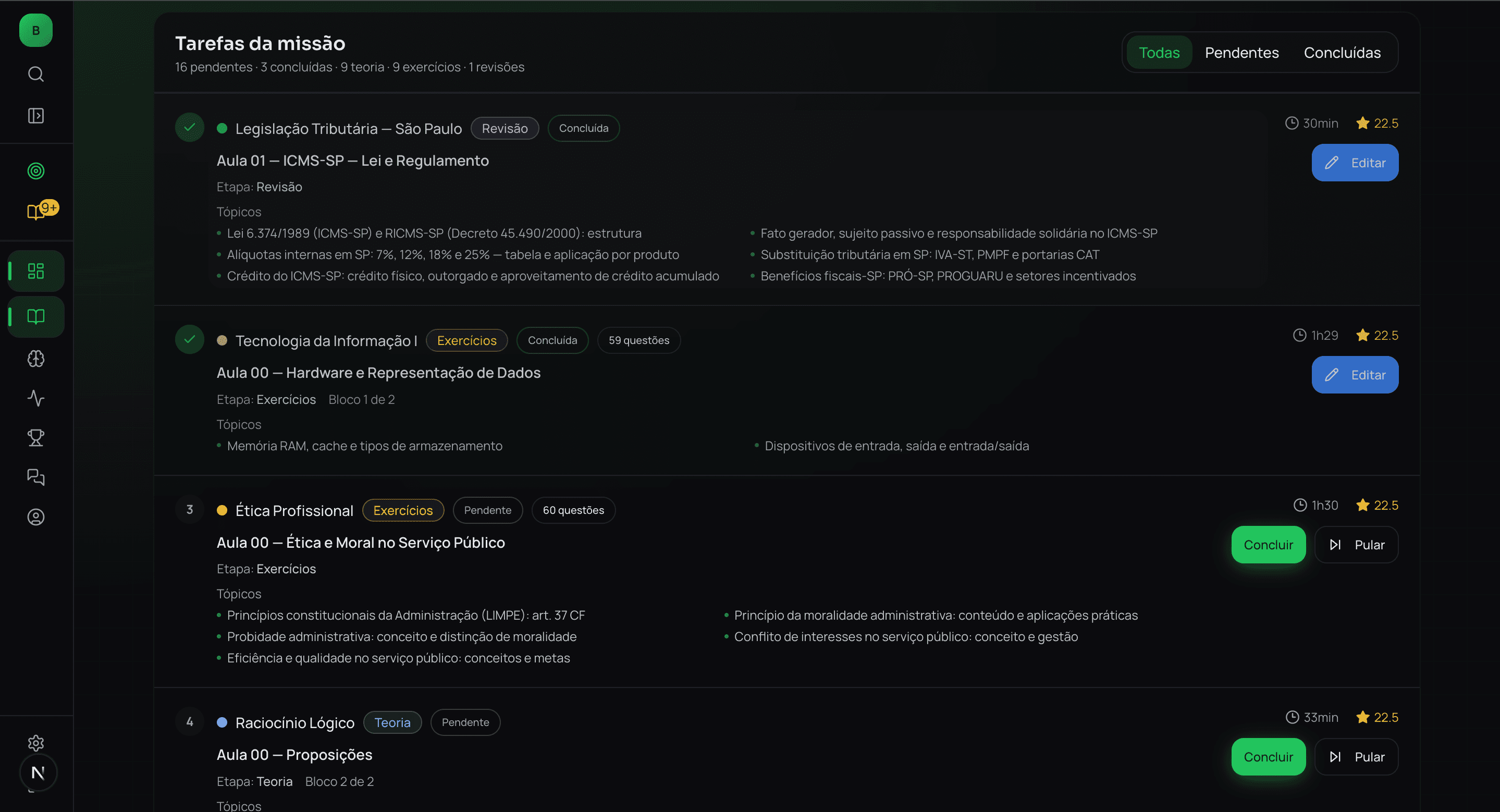 Lista de tarefas da missão
